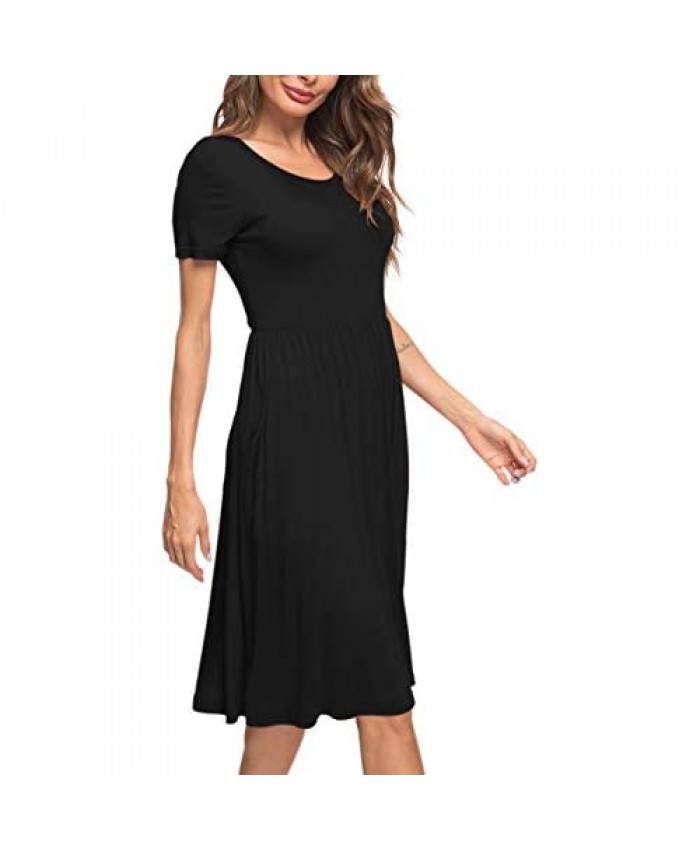 AUSELILY Women's Long Sleeve Pockets Empire Waist Pleated Loose Swing Casual Flare Dress 